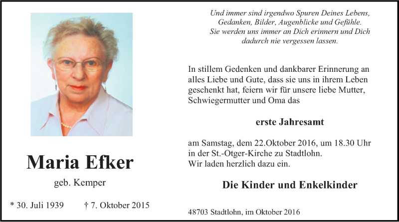  Traueranzeige für Maria Efker vom 19.10.2016 aus Münstersche Zeitung und Münsterland Zeitung