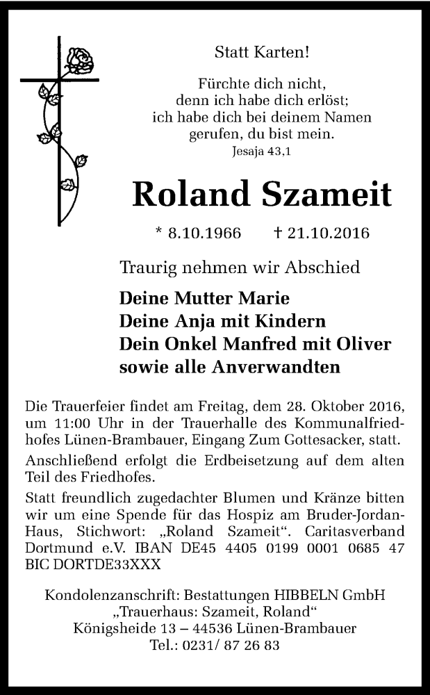  Traueranzeige für Roland Szameit vom 25.10.2016 aus Ruhr Nachrichten