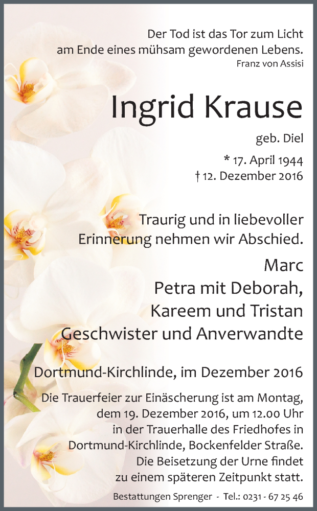 Traueranzeigen Von Ingrid Krause Sich Erinnern De