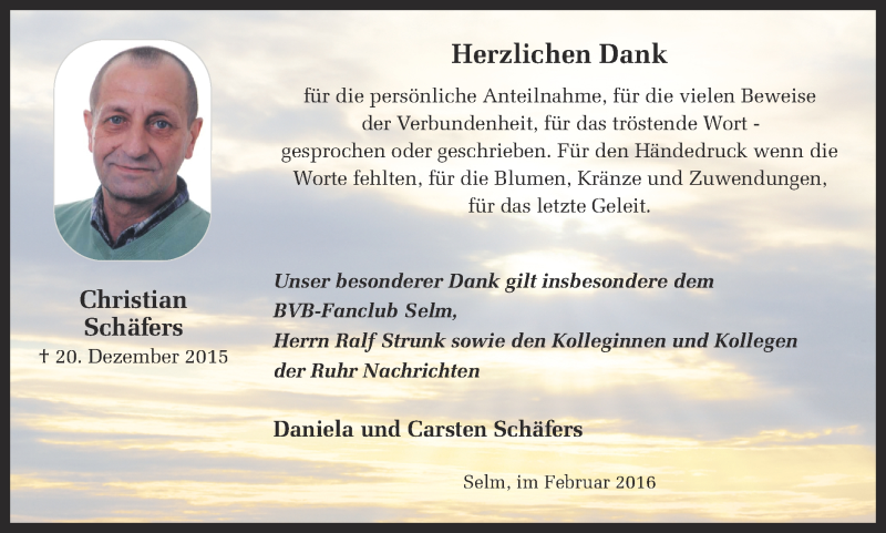  Traueranzeige für Christian Schäfers vom 06.02.2016 aus Ruhr Nachrichten