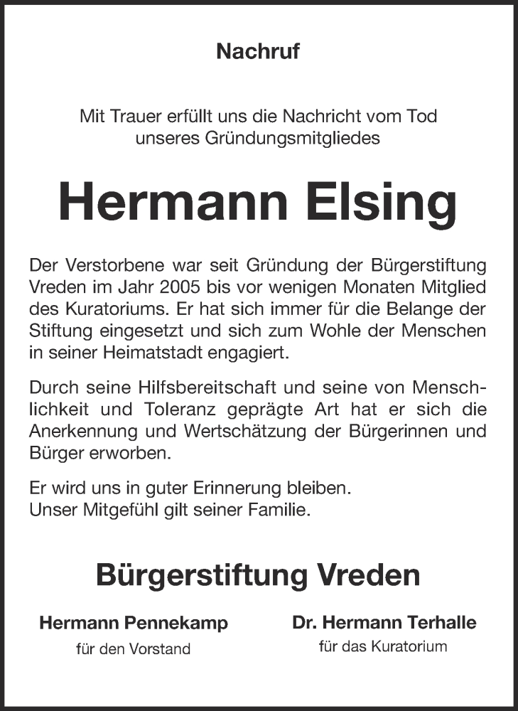 Traueranzeigen Von Hermann Elsing Sich Erinnern De