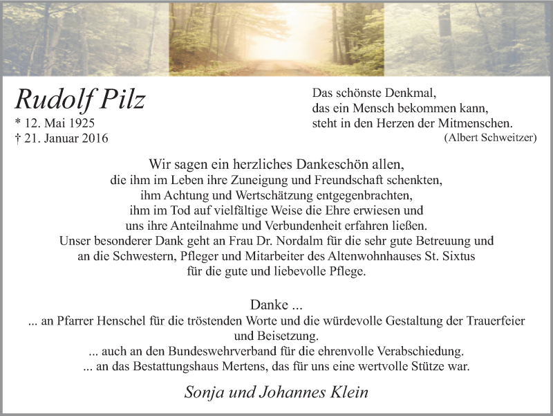  Traueranzeige für Rudolf Pilz vom 27.02.2016 aus Ruhr Nachrichten und Halterner Zeitung