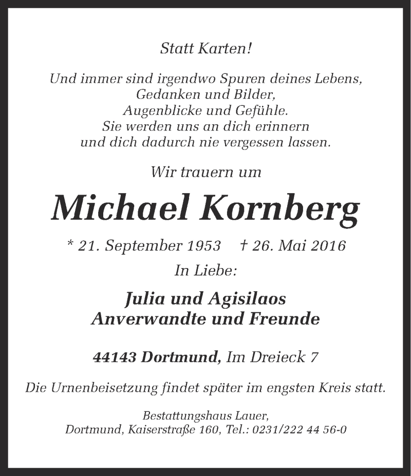  Traueranzeige für Michael Kornberg vom 28.05.2016 aus Ruhr Nachrichten
