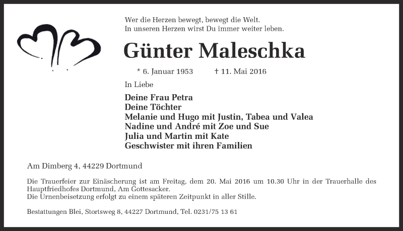  Traueranzeige für Günter Maleschka vom 14.05.2016 aus Ruhr Nachrichten