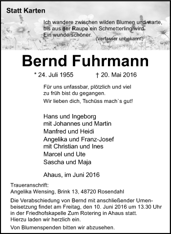 Traueranzeige von Bernd Fuhrmann von Münstersche Zeitung und Münsterland Zeitung