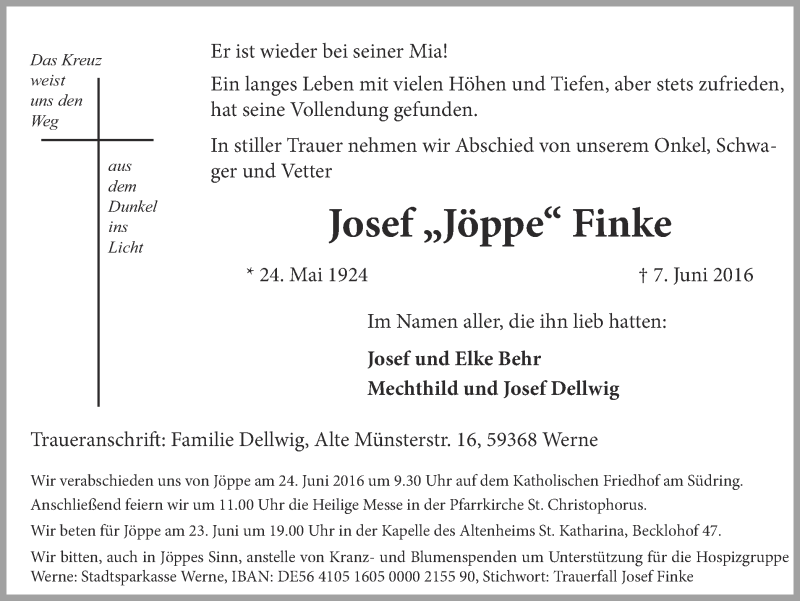 Traueranzeigen Von Josef Finke Sich Erinnern De