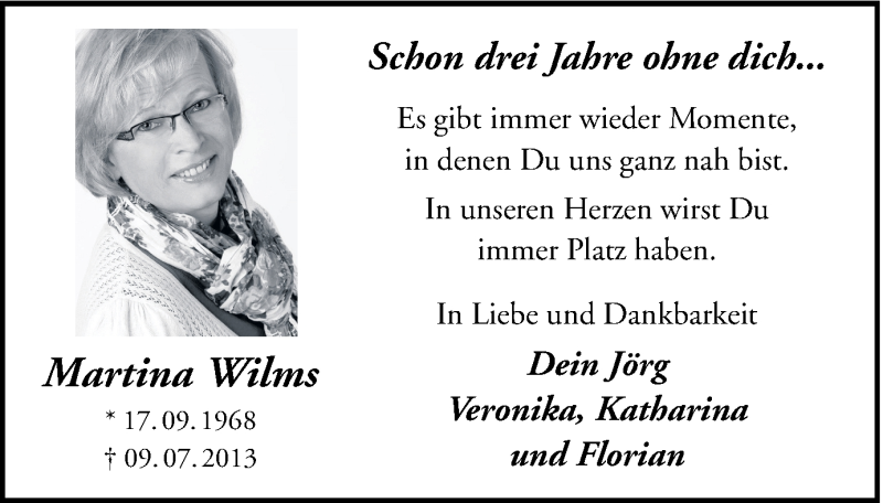  Traueranzeige für Martina Wilms vom 09.07.2016 aus Ruhr Nachrichten und Halterner Zeitung