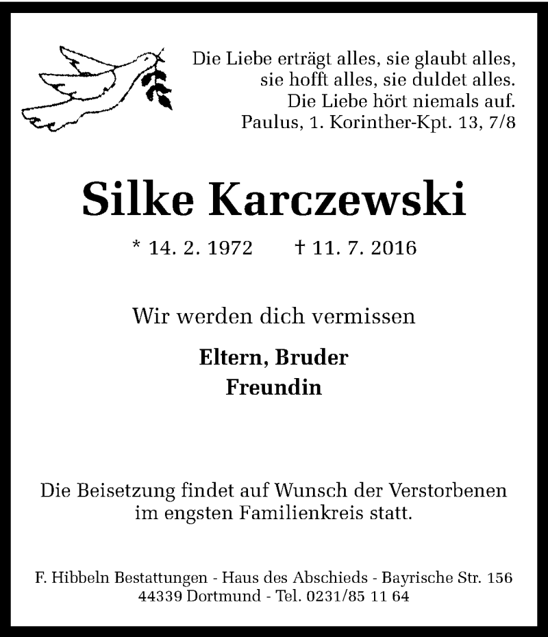  Traueranzeige für Silke Karczewski vom 16.07.2016 aus Ruhr Nachrichten
