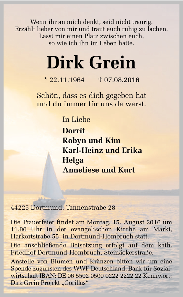  Traueranzeige für Dirk Grein vom 11.08.2016 aus Ruhr Nachrichten