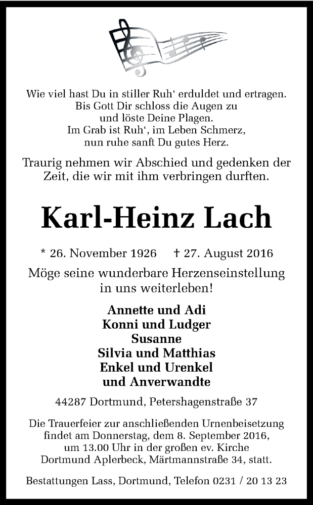  Traueranzeige für Karl-Heinz Lach vom 03.09.2016 aus Ruhr Nachrichten