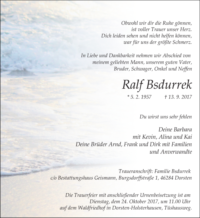  Traueranzeige für Ralf Bsdurrek vom 20.10.2017 aus Ruhr Nachrichten und Dorstener Zeitung