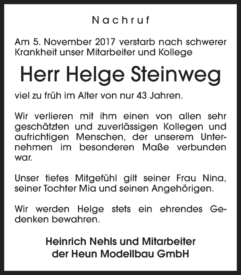 Traueranzeige für Helge Steinweg vom 11.11.2017 aus Ruhr Nachrichten