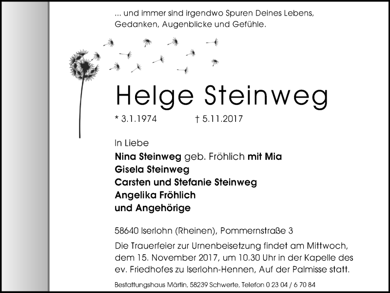  Traueranzeige für Helge Steinweg vom 08.11.2017 aus Ruhr Nachrichten