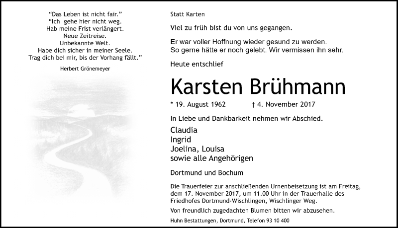  Traueranzeige für Karsten Brühmann vom 11.11.2017 aus Ruhr Nachrichten