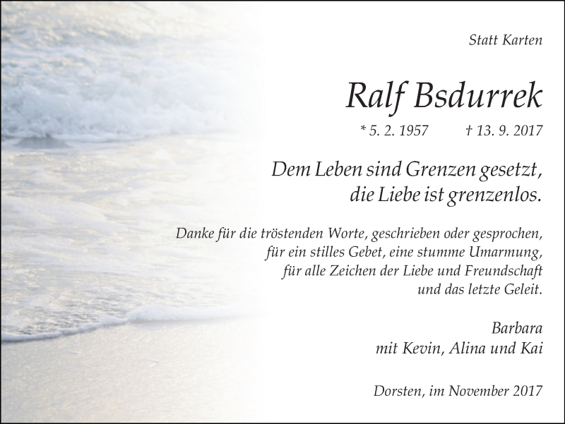  Traueranzeige für Ralf Bsdurrek vom 29.11.2017 aus Ruhr Nachrichten und Dorstener Zeitung