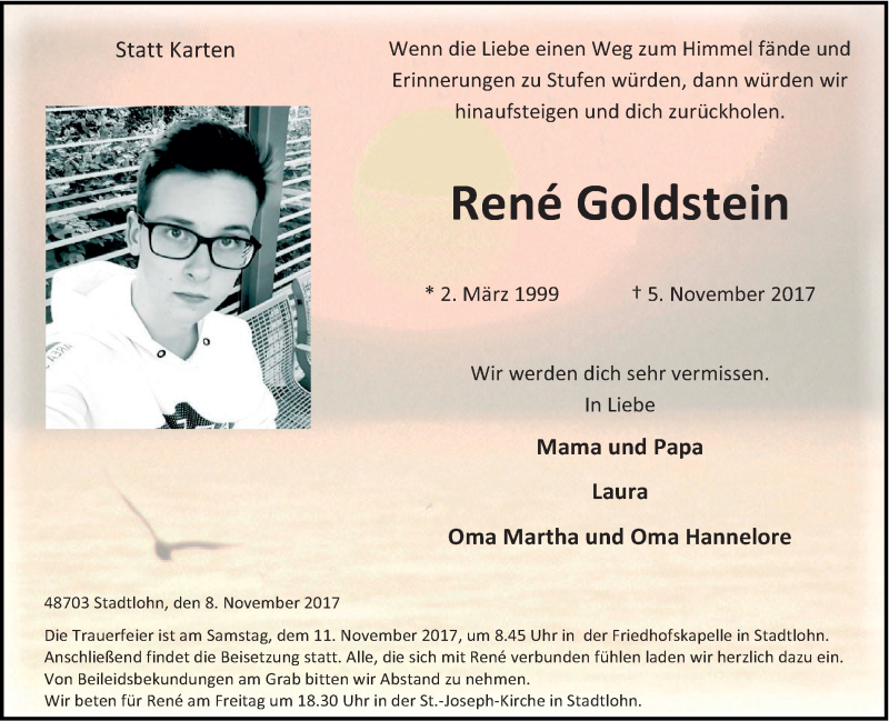  Traueranzeige für René Goldstein vom 08.11.2017 aus Münstersche Zeitung und Münsterland Zeitung
