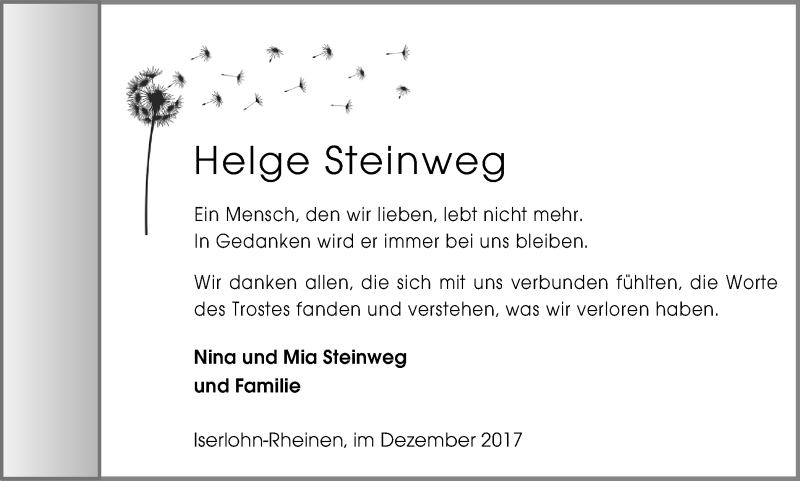 Traueranzeige für Helge Steinweg vom 23.12.2017 aus Ruhr Nachrichten