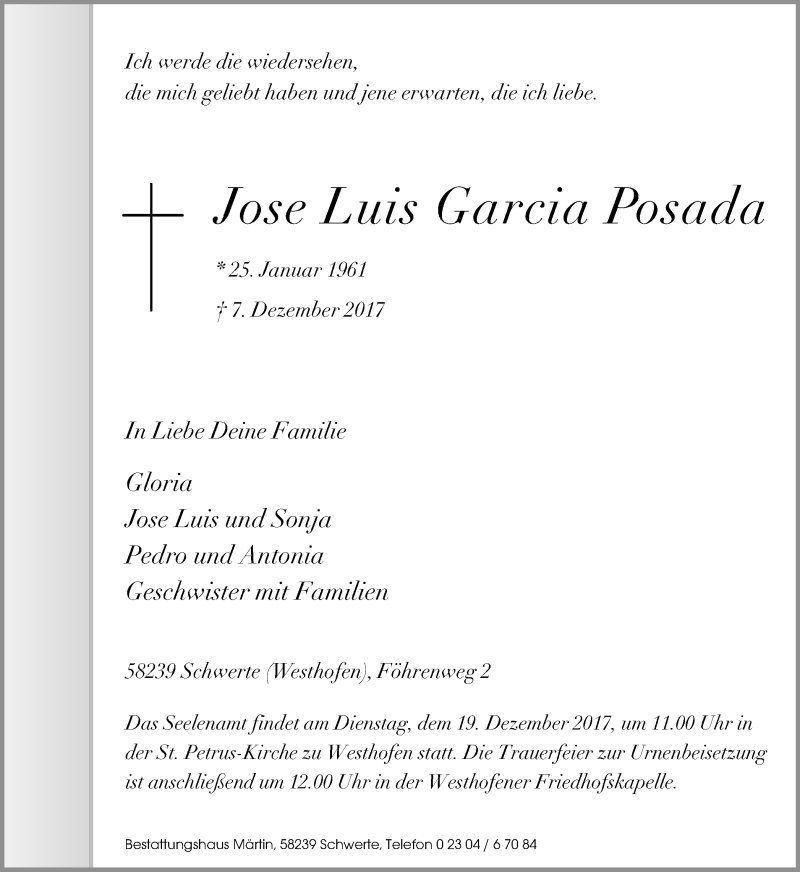  Traueranzeige für Jose Luis Garcia Posada vom 13.12.2017 aus Ruhr Nachrichten