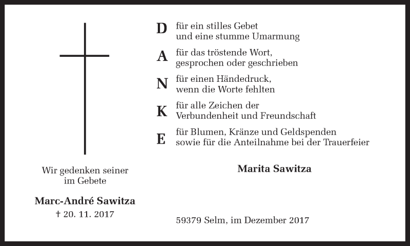  Traueranzeige für Marc-André Sawitza vom 16.12.2017 aus Ruhr Nachrichten