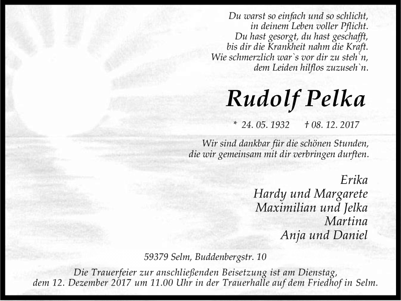  Traueranzeige für Rudolf Pelka vom 09.12.2017 aus Ruhr Nachrichten