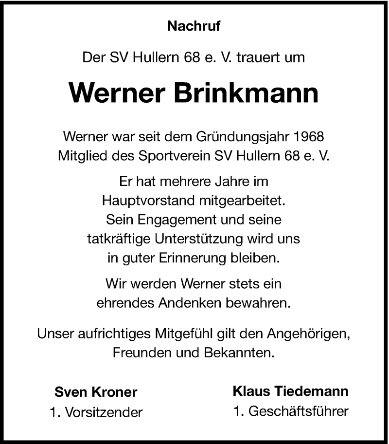 Traueranzeigen Von Werner Brinkmann Sich Erinnern De