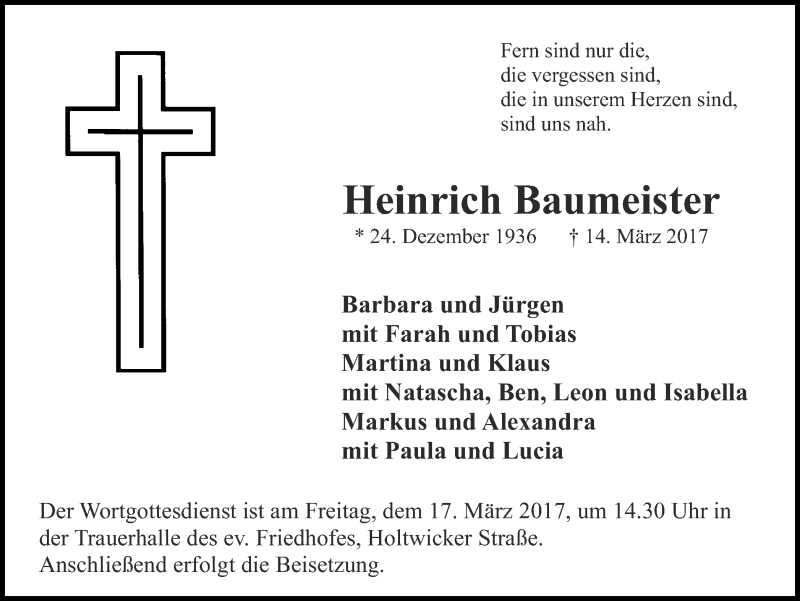 Traueranzeigen Von Heinrich Baumeister Sich Erinnern De