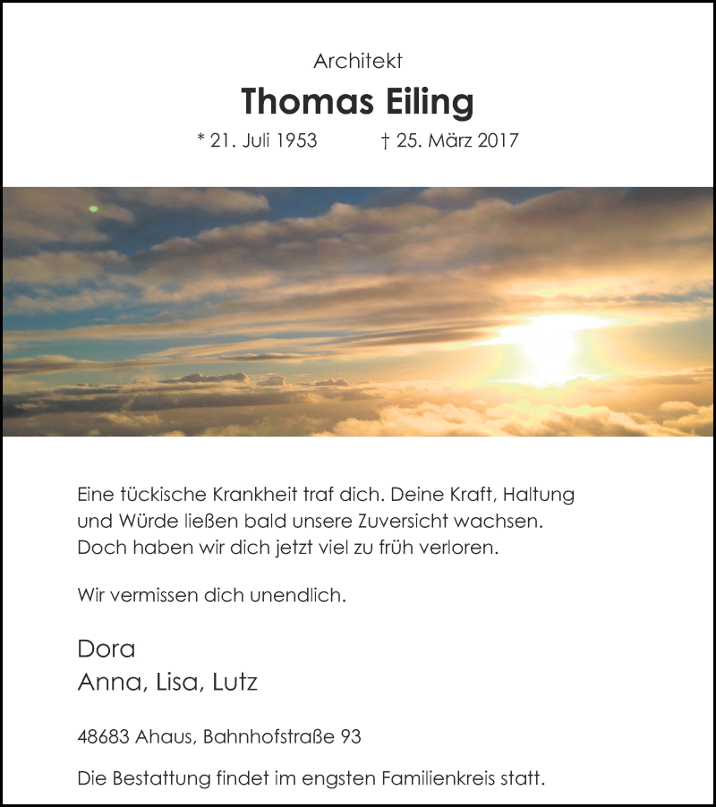  Traueranzeige für Thomas Eiling vom 29.03.2017 aus Münstersche Zeitung und Münsterland Zeitung