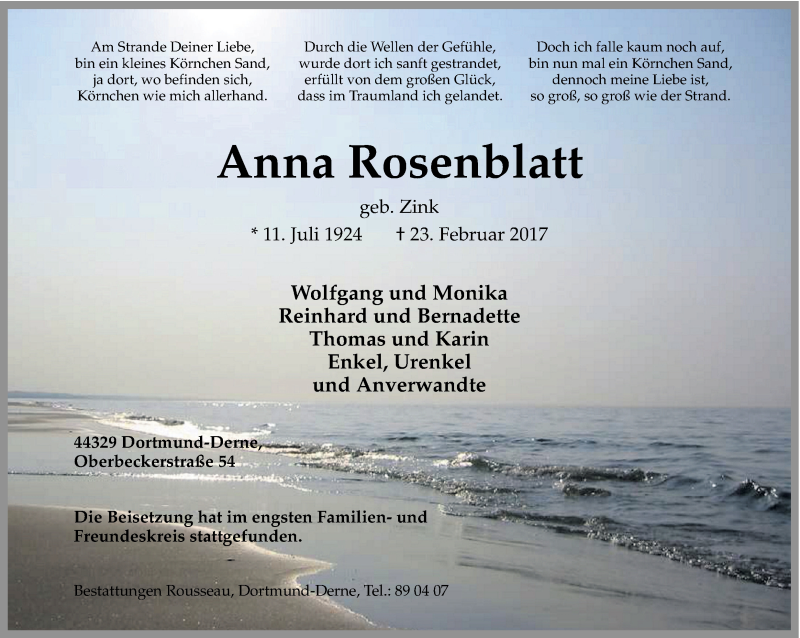  Traueranzeige für Anna Rosenblatt vom 04.03.2017 aus Ruhr Nachrichten