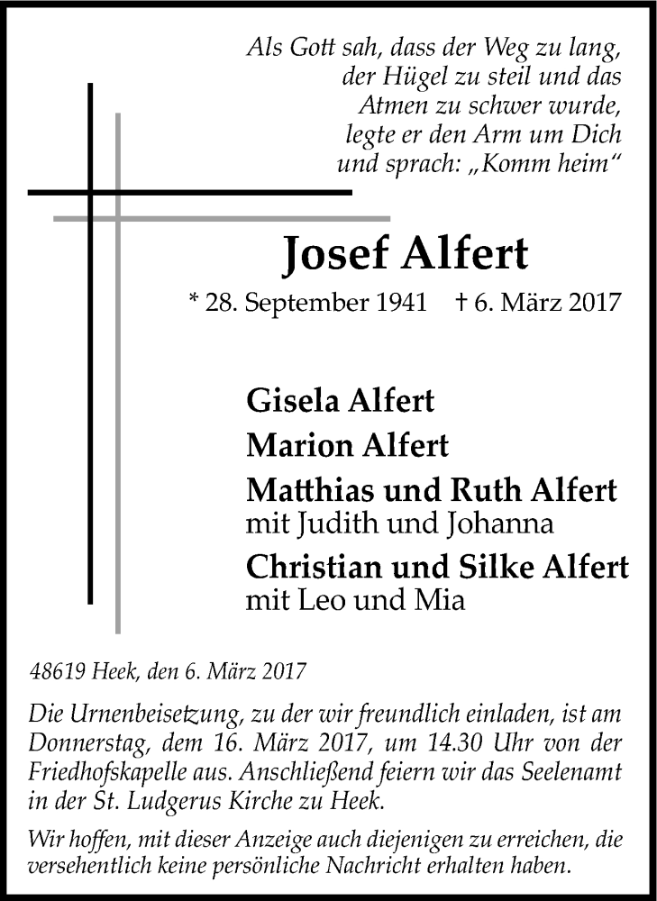  Traueranzeige für Josef Alfert vom 09.03.2017 aus Münstersche Zeitung und Münsterland Zeitung