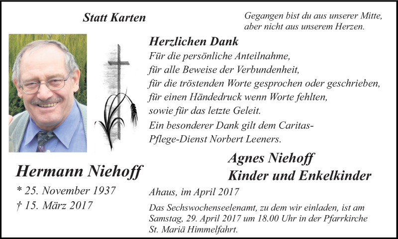  Traueranzeige für Hermann Niehoff vom 26.04.2017 aus Münstersche Zeitung und Münsterland Zeitung