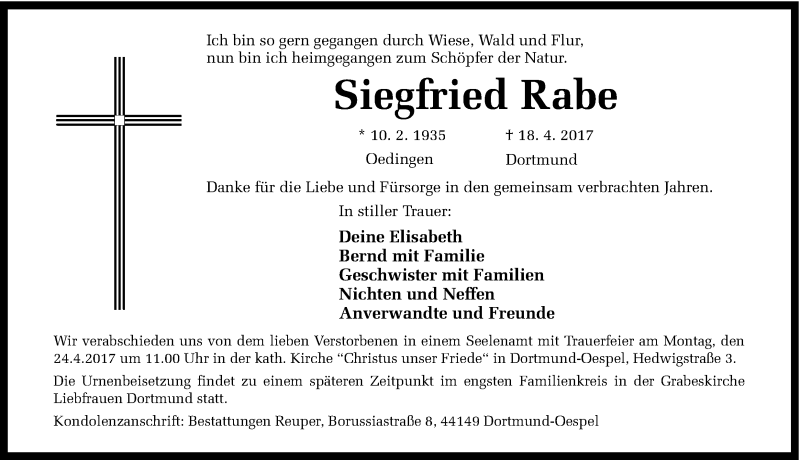  Traueranzeige für Siegfried Rabe vom 20.04.2017 aus Ruhr Nachrichten
