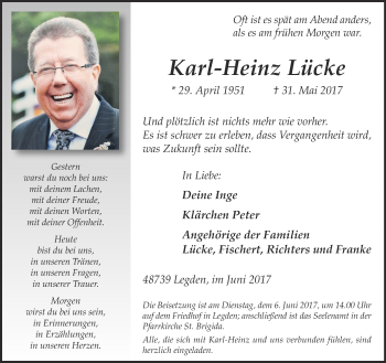 Traueranzeigen von Karl Heinz Lücke sich erinnern de