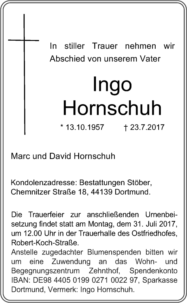  Traueranzeige für Ingo Hornschuh vom 26.07.2017 aus Ruhr Nachrichten