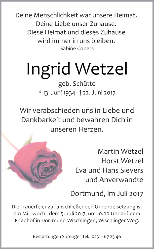  Traueranzeige für Ingrid Wetzel vom 01.07.2017 aus Ruhr Nachrichten