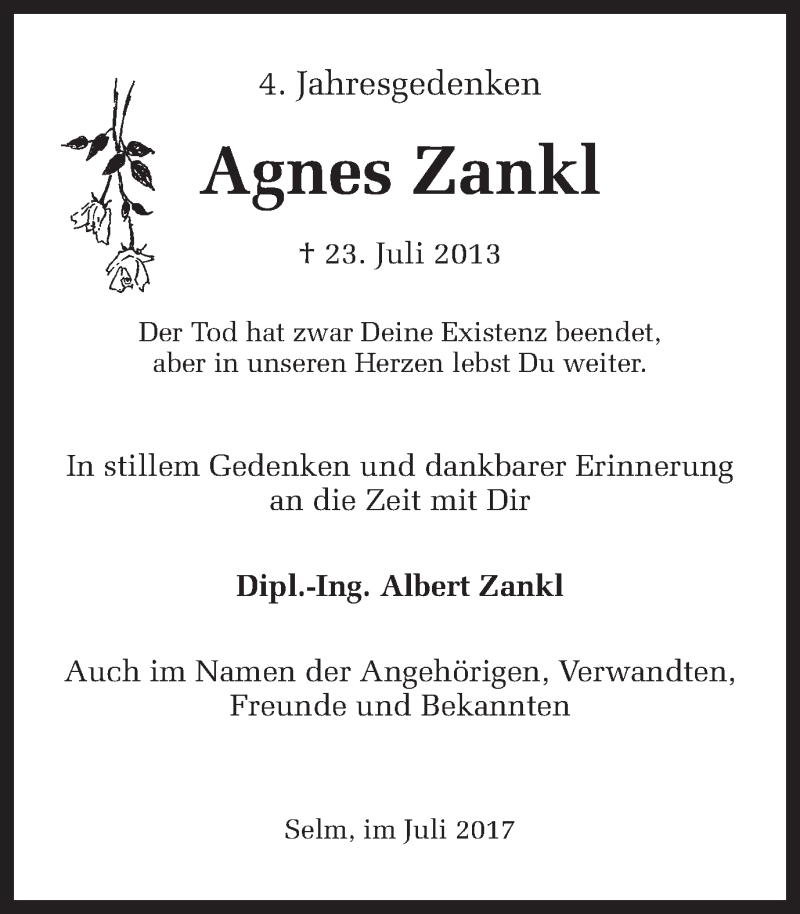  Traueranzeige für Agnes Zankl vom 22.07.2017 aus Ruhr Nachrichten