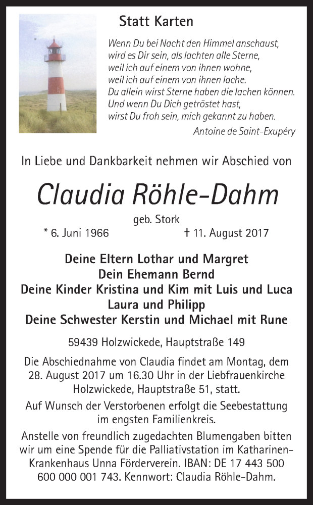  Traueranzeige für Claudia Röhle-Dahm vom 19.08.2017 aus Ruhr Nachrichten