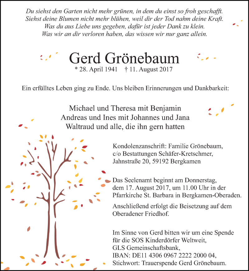  Traueranzeige für Gerd Grönebaum vom 15.08.2017 aus Ruhr Nachrichten