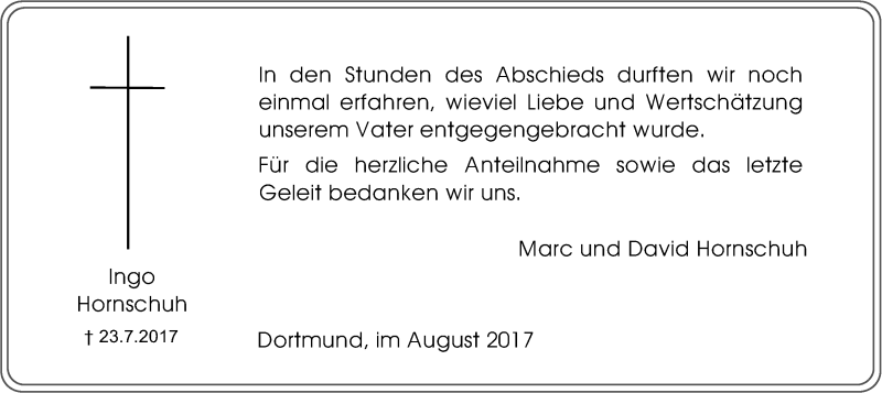  Traueranzeige für Ingo Hornschuh vom 19.08.2017 aus Ruhr Nachrichten