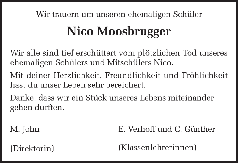  Traueranzeige für Nico Moosbrugger vom 26.08.2017 aus Münstersche Zeitung und Münsterland Zeitung