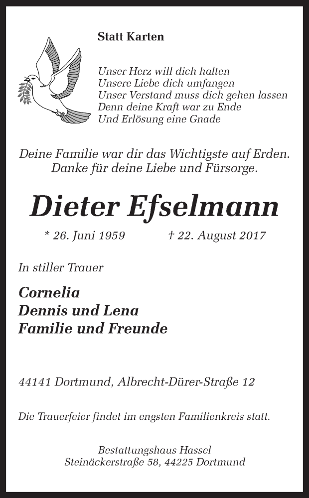  Traueranzeige für Dieter Efselmann vom 02.09.2017 aus Ruhr Nachrichten