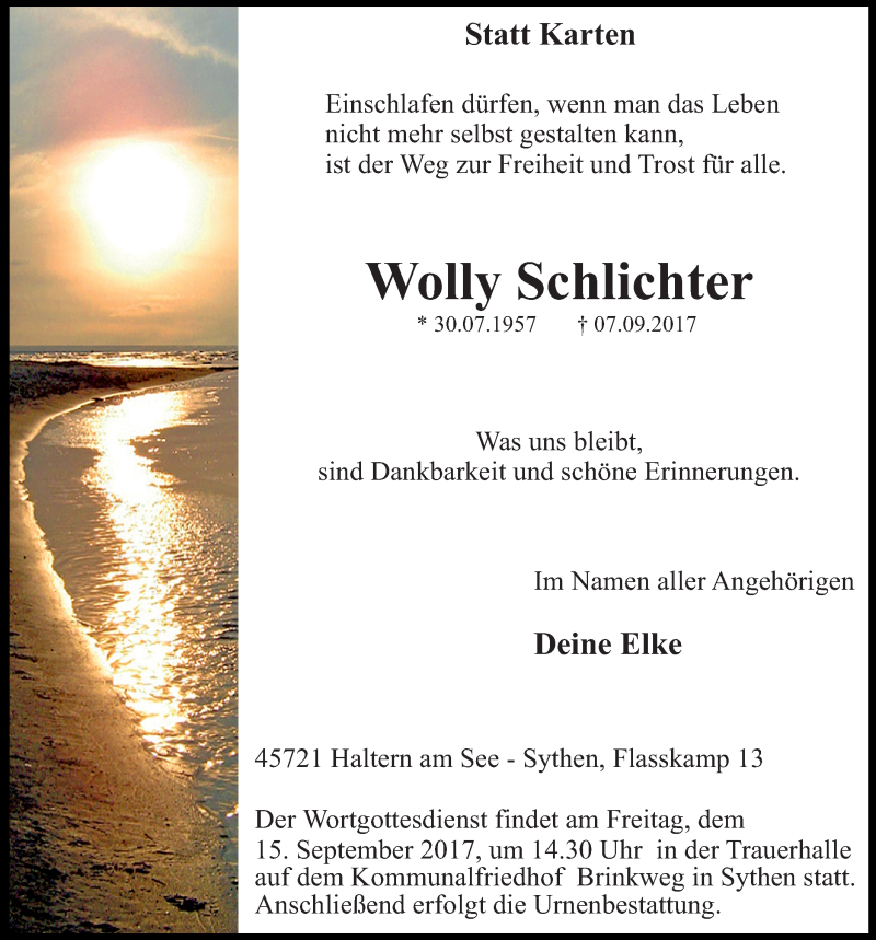  Traueranzeige für Wolly Schlichter vom 11.09.2017 aus Ruhr Nachrichten und Halterner Zeitung