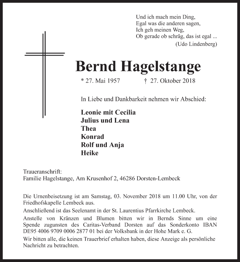  Traueranzeige für Bernd Hagelstange vom 31.10.2018 aus Ruhr Nachrichten und Dorstener Zeitung