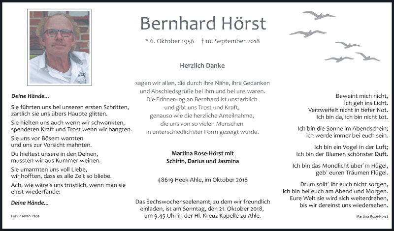  Traueranzeige für Bernhard Hörst vom 17.10.2018 aus Münstersche Zeitung und Münsterland Zeitung