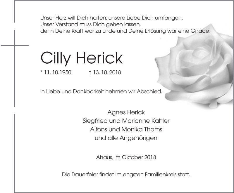  Traueranzeige für Cilly Herick vom 17.10.2018 aus Münstersche Zeitung und Münsterland Zeitung