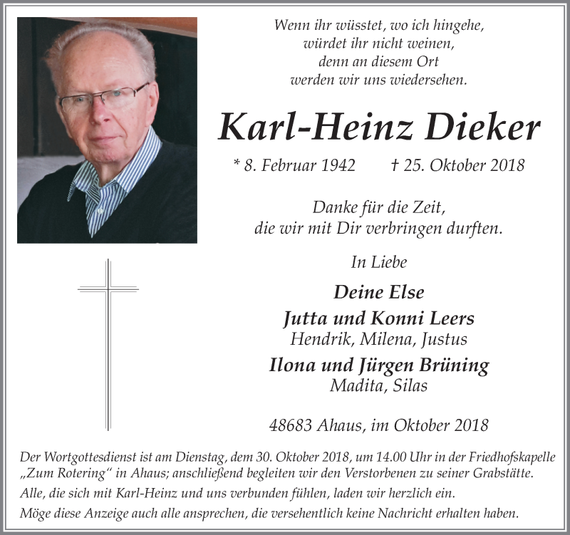  Traueranzeige für Karl-Heinz Dieker vom 27.10.2018 aus Münstersche Zeitung und Münsterland Zeitung