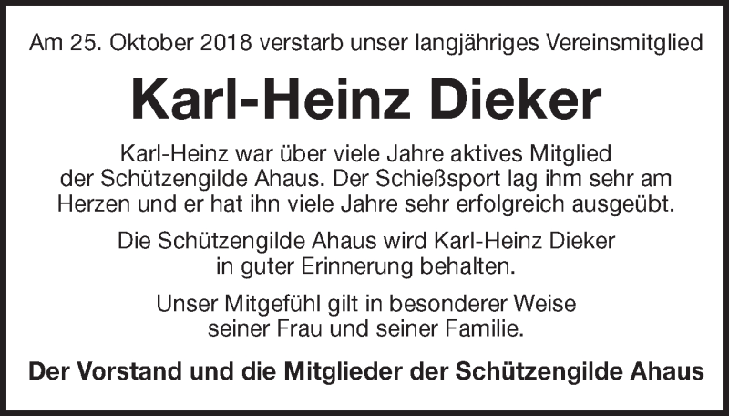  Traueranzeige für Karl-Heinz Dieker vom 30.10.2018 aus Münstersche Zeitung und Münsterland Zeitung