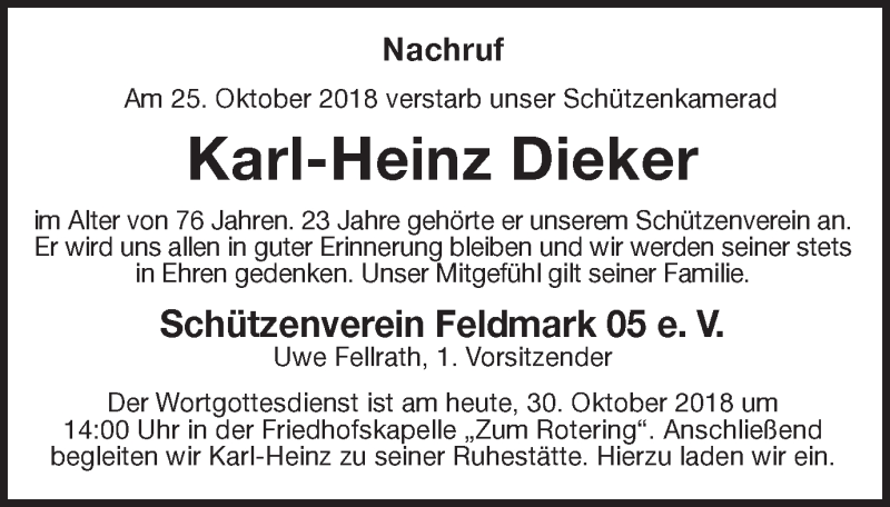  Traueranzeige für Karl-Heinz Dieker vom 30.10.2018 aus Münstersche Zeitung und Münsterland Zeitung