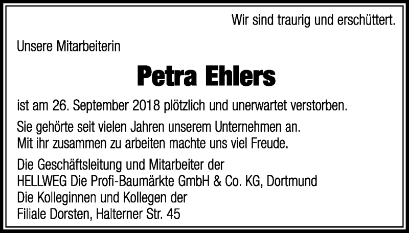  Traueranzeige für Petra Ehlers vom 25.10.2018 aus Ruhr Nachrichten und Dorstener Zeitung