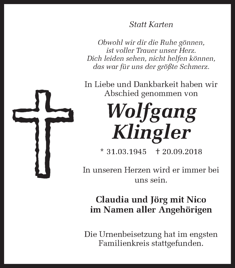  Traueranzeige für Wolfgang Klingler vom 06.10.2018 aus Ruhr Nachrichten und Dorstener Zeitung