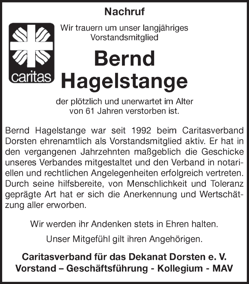  Traueranzeige für Bernd Hagelstange vom 01.11.2018 aus Ruhr Nachrichten und Dorstener Zeitung